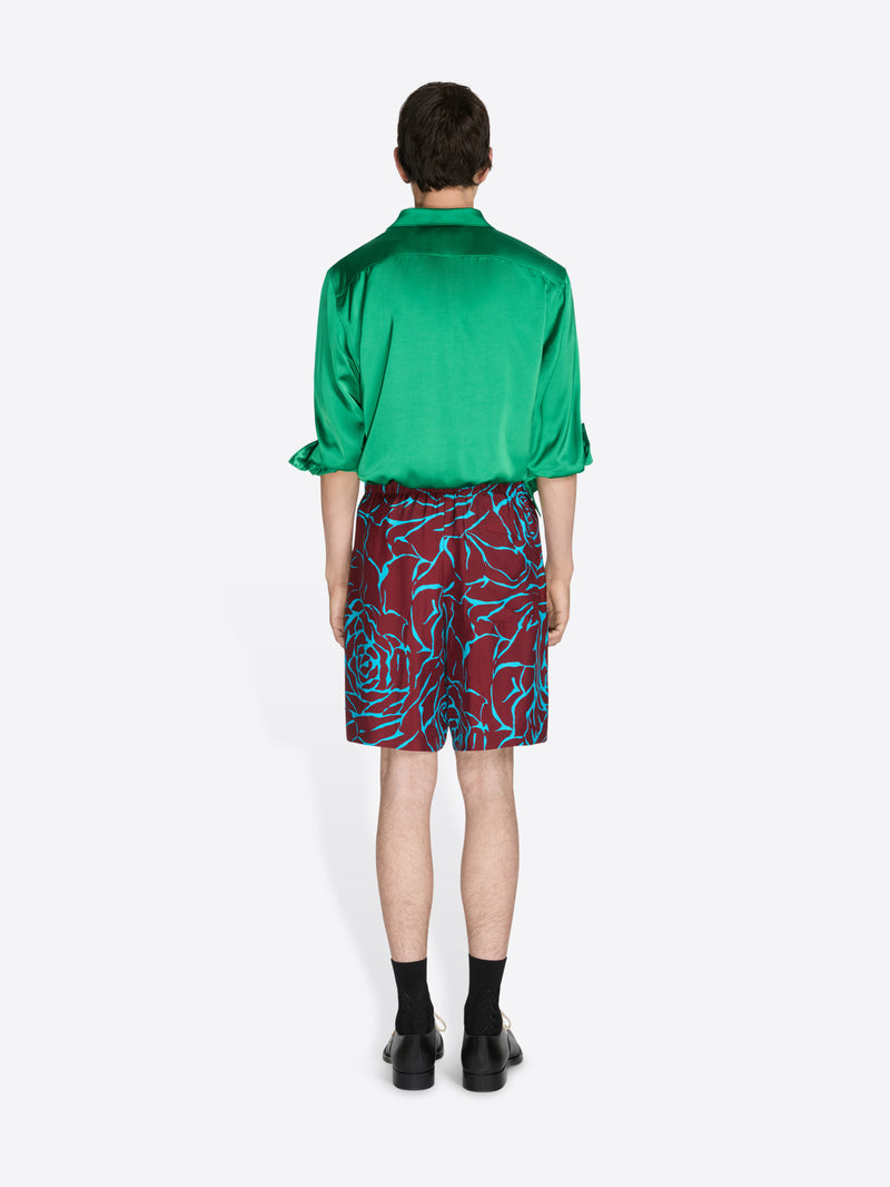 Person wearing a green shirt and patterned shorts on a white background - Dries Van Noten