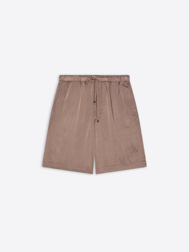 Brown shorts with a drawstring on a white background