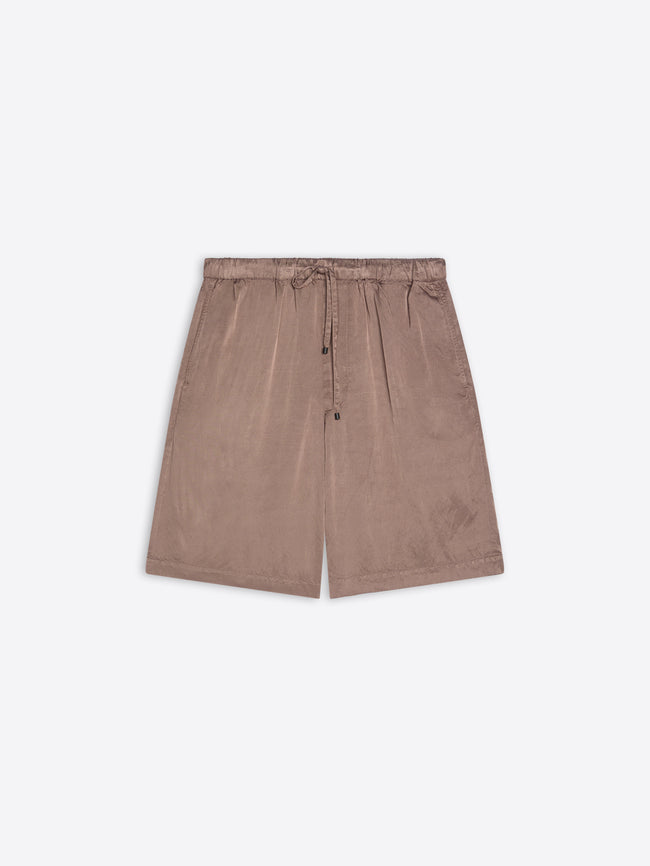 Brown shorts with a drawstring on a white background