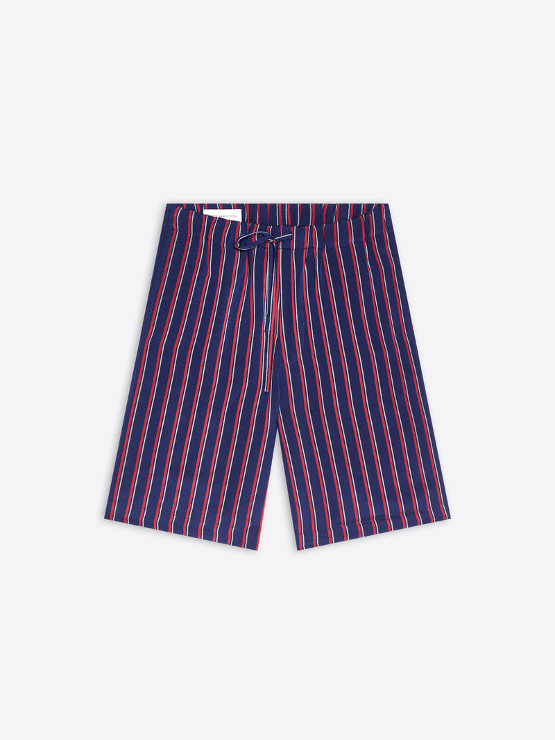 Blue and red striped pants on a white background