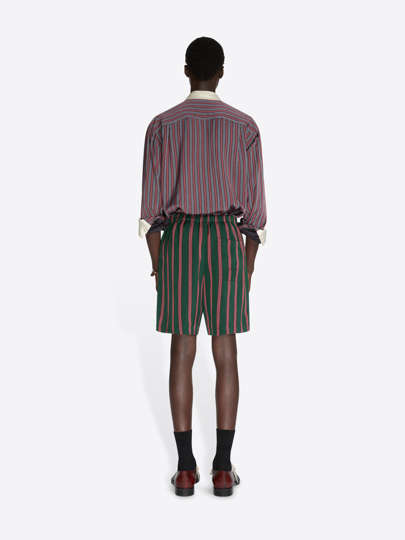 Person wearing a striped shirt and green shorts on a white background - Dries Van Noten