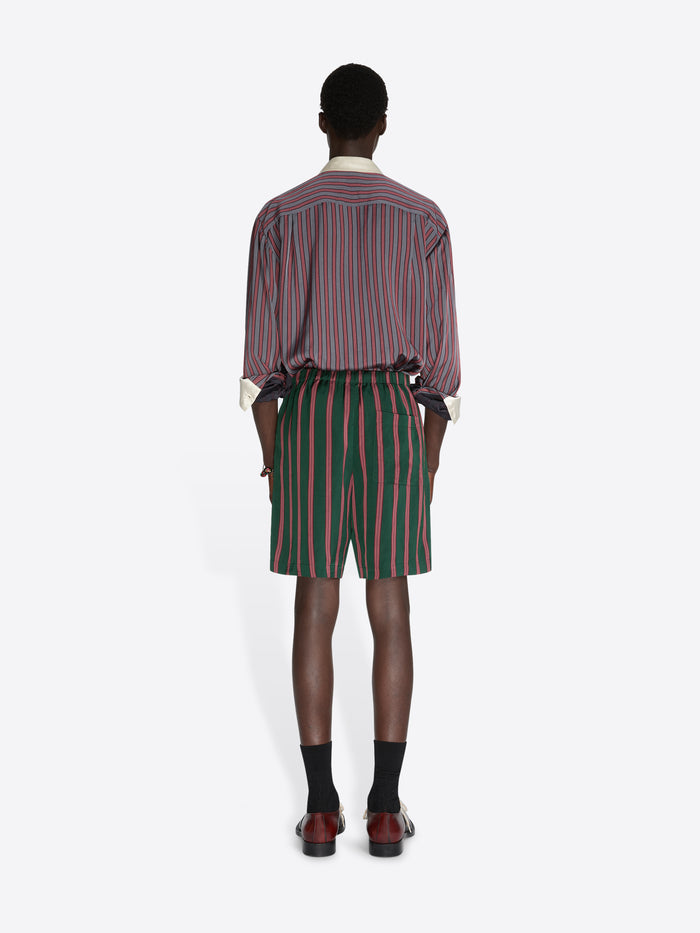 Person wearing a striped shirt and green shorts on a white background - Dries Van Noten