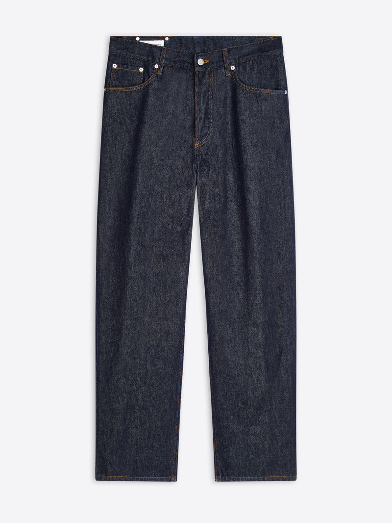 Pair of dark blue jeans on a light gray background