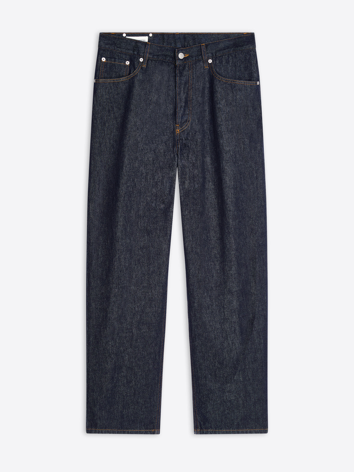 Pair of dark blue jeans on a light gray background