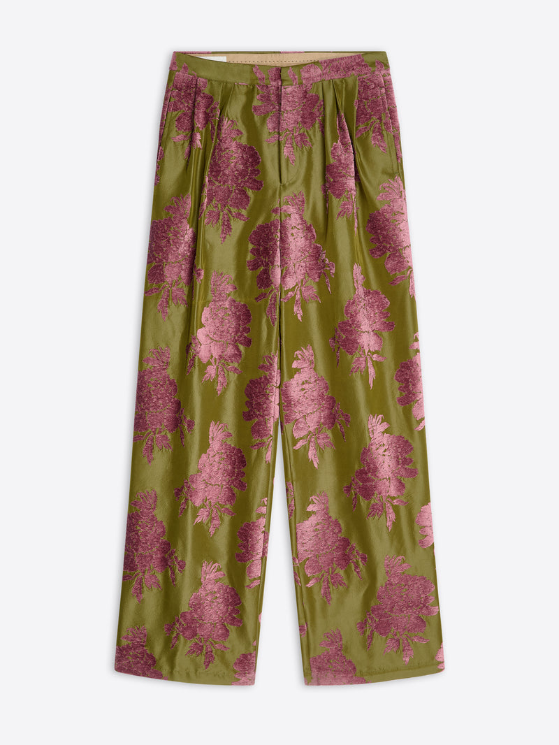 Green pants with pink floral pattern on a white background