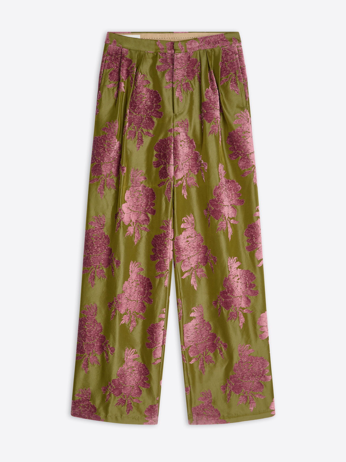 Green pants with pink floral pattern on a white background