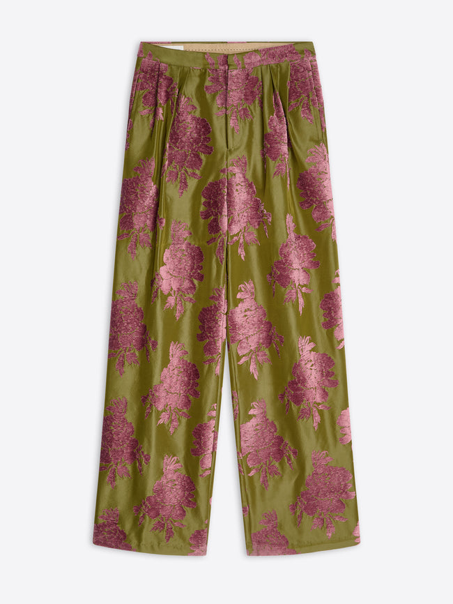 Green pants with pink floral pattern on a white background
