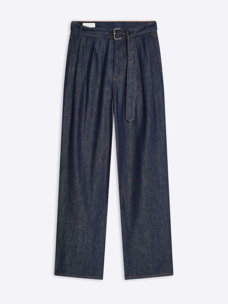 Dark blue jeans with a belt on a white background - Dries Van Noten