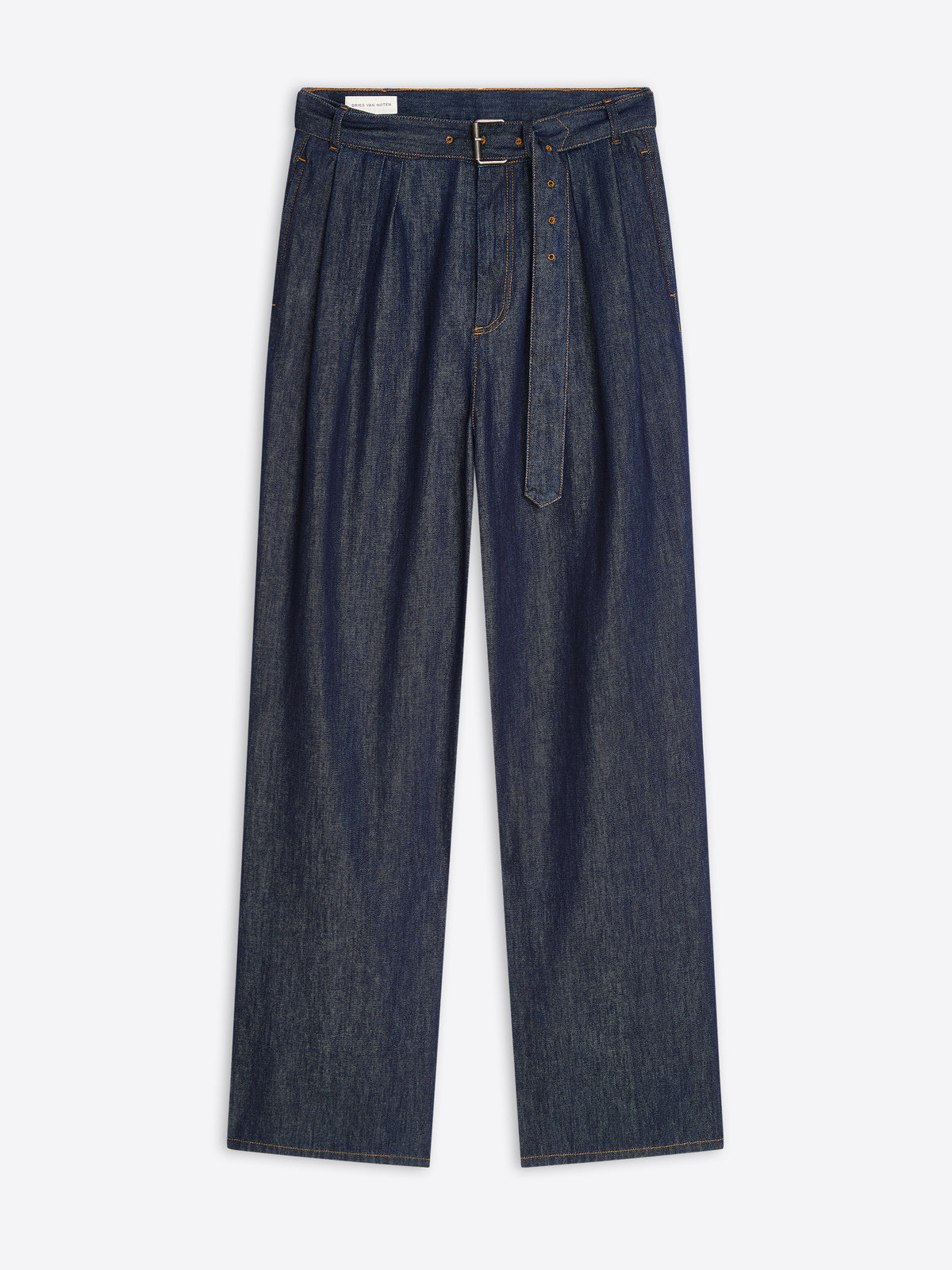 Dark blue jeans with a belt on a white background - Dries Van Noten