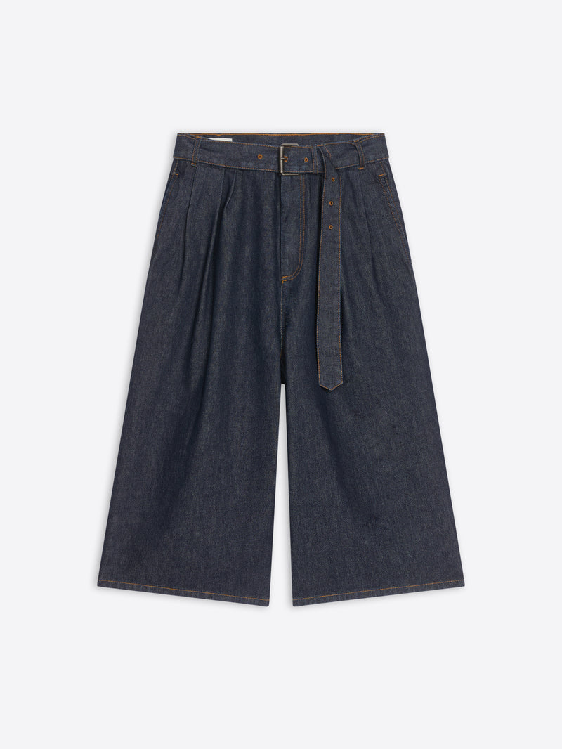 Dark blue wide-leg pants with a belt on a white background - Dries Van Noten