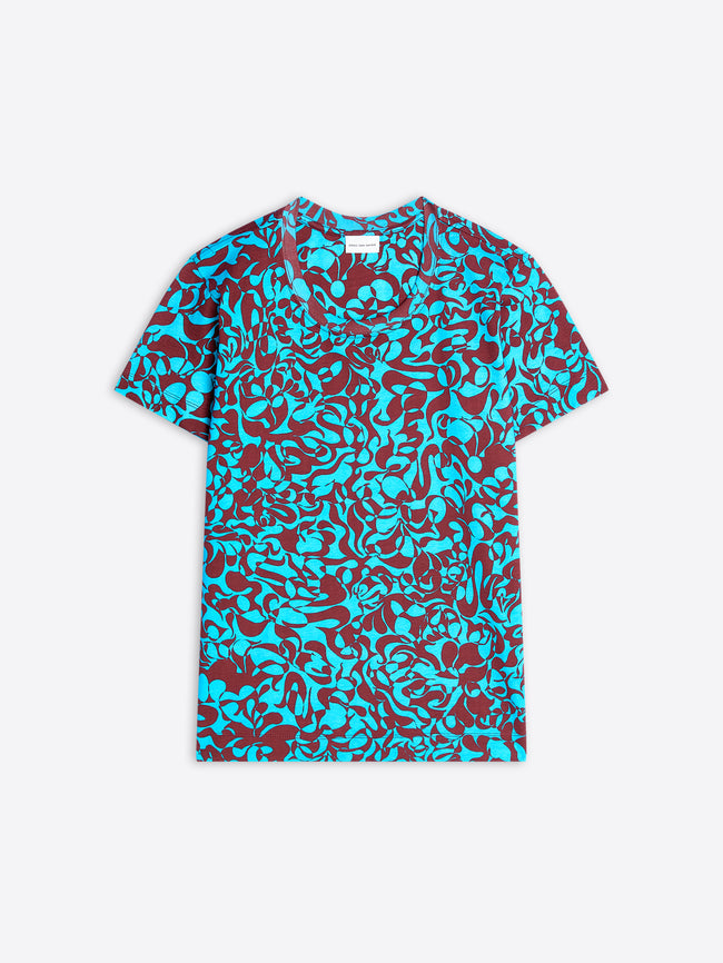 Blue and red patterned t-shirt on a white background