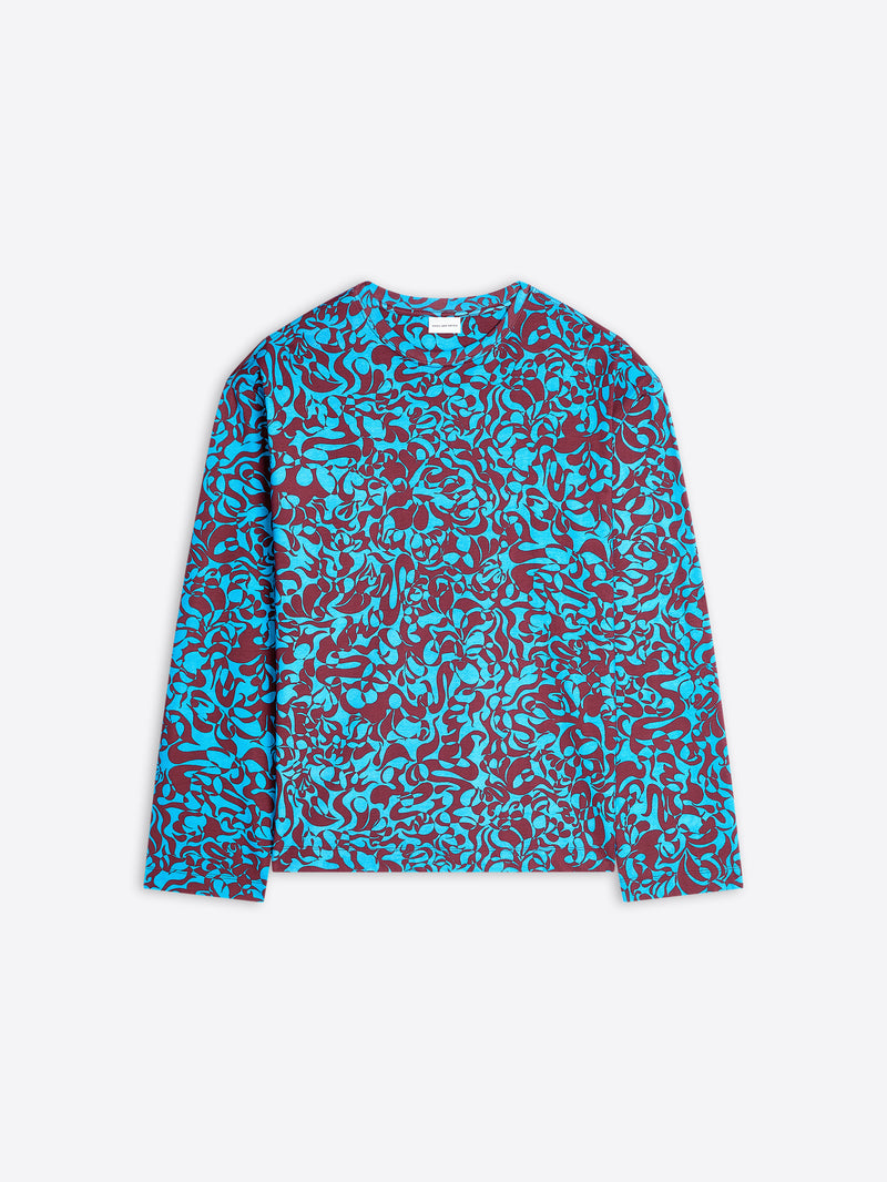 Blue and red patterned long-sleeve shirt on a white background
