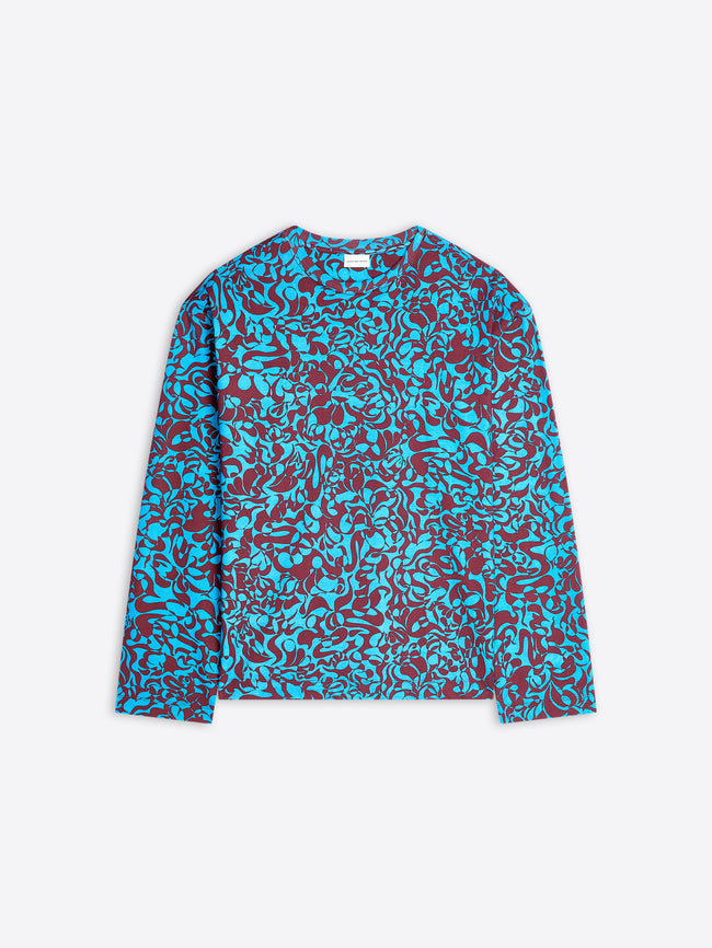 Blue and red patterned long-sleeve shirt on a white background