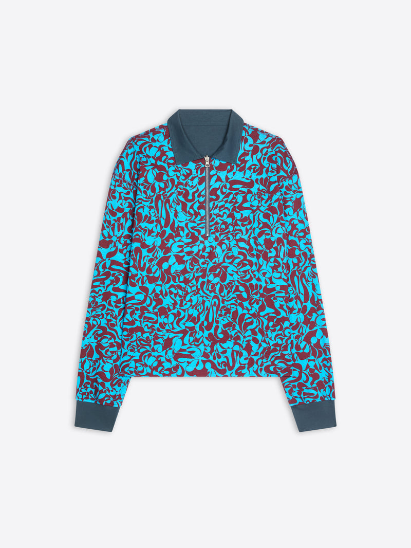 Sweatshirt with blue and red pattern on a white background