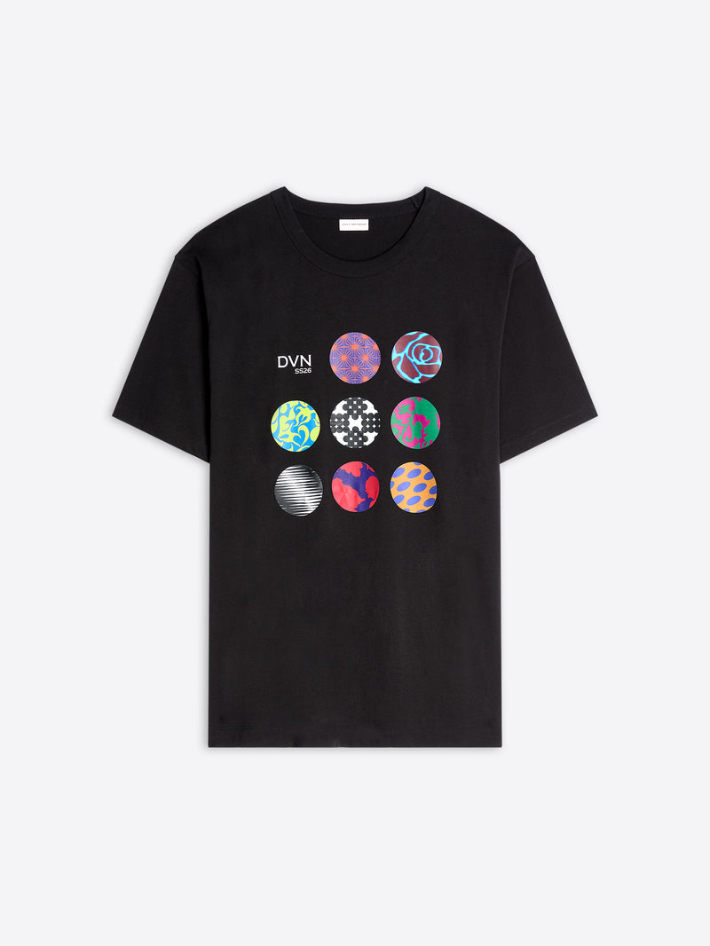 Black t-shirt with colorful graphic design on a white background