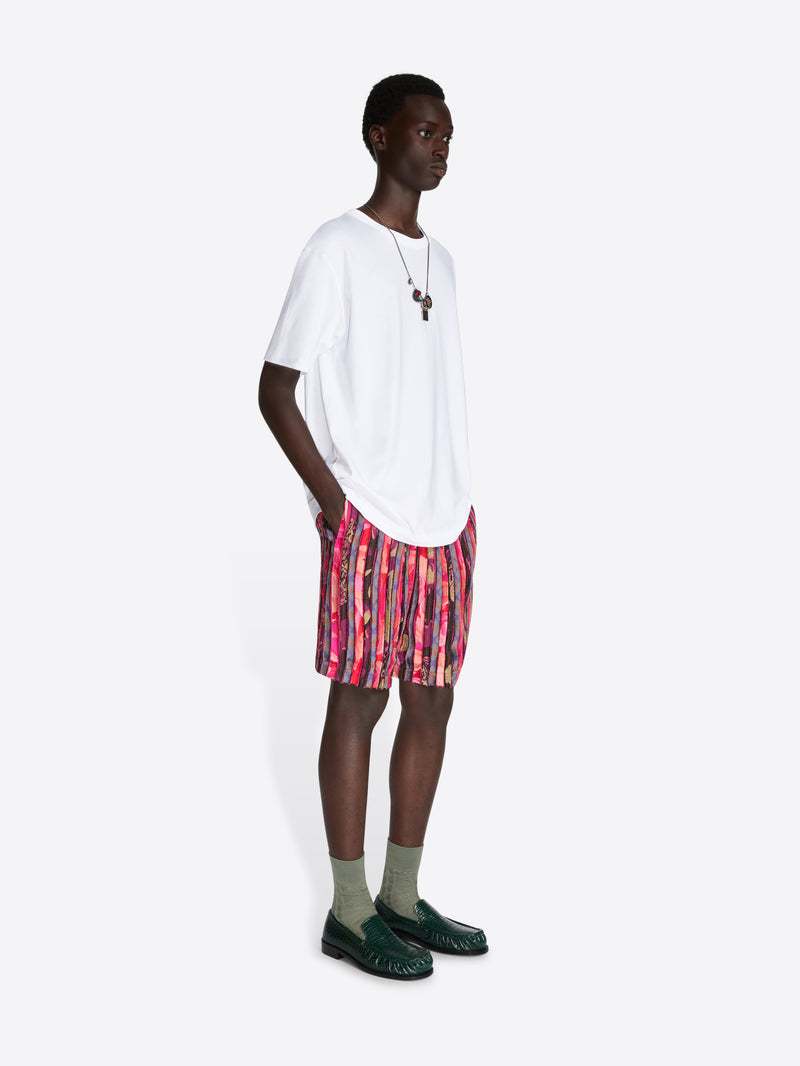 Person wearing a white shirt and colorful shorts on a white background