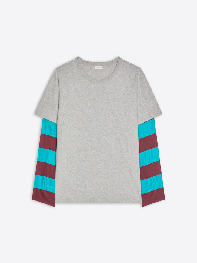 Gray t-shirt with colorful sleeves on a white background