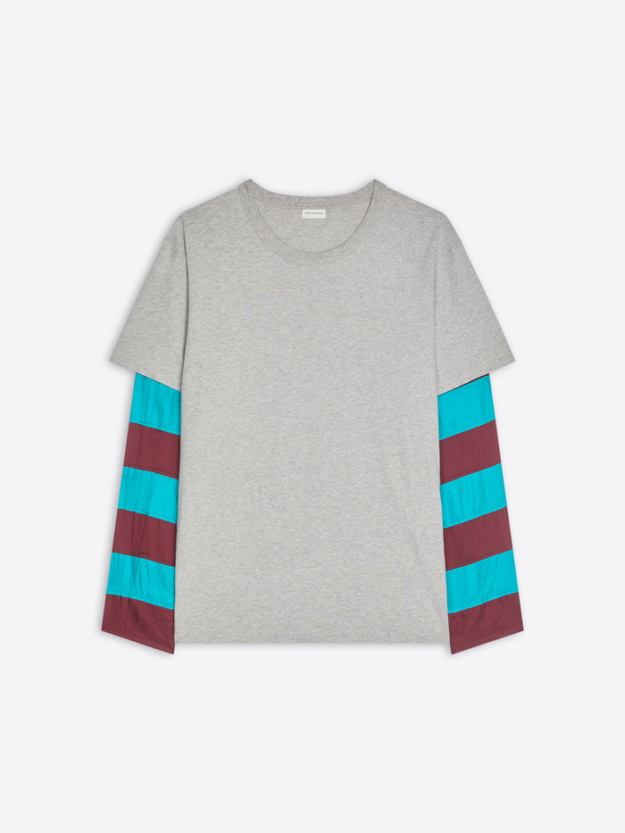 Gray t-shirt with colorful sleeves on a white background
