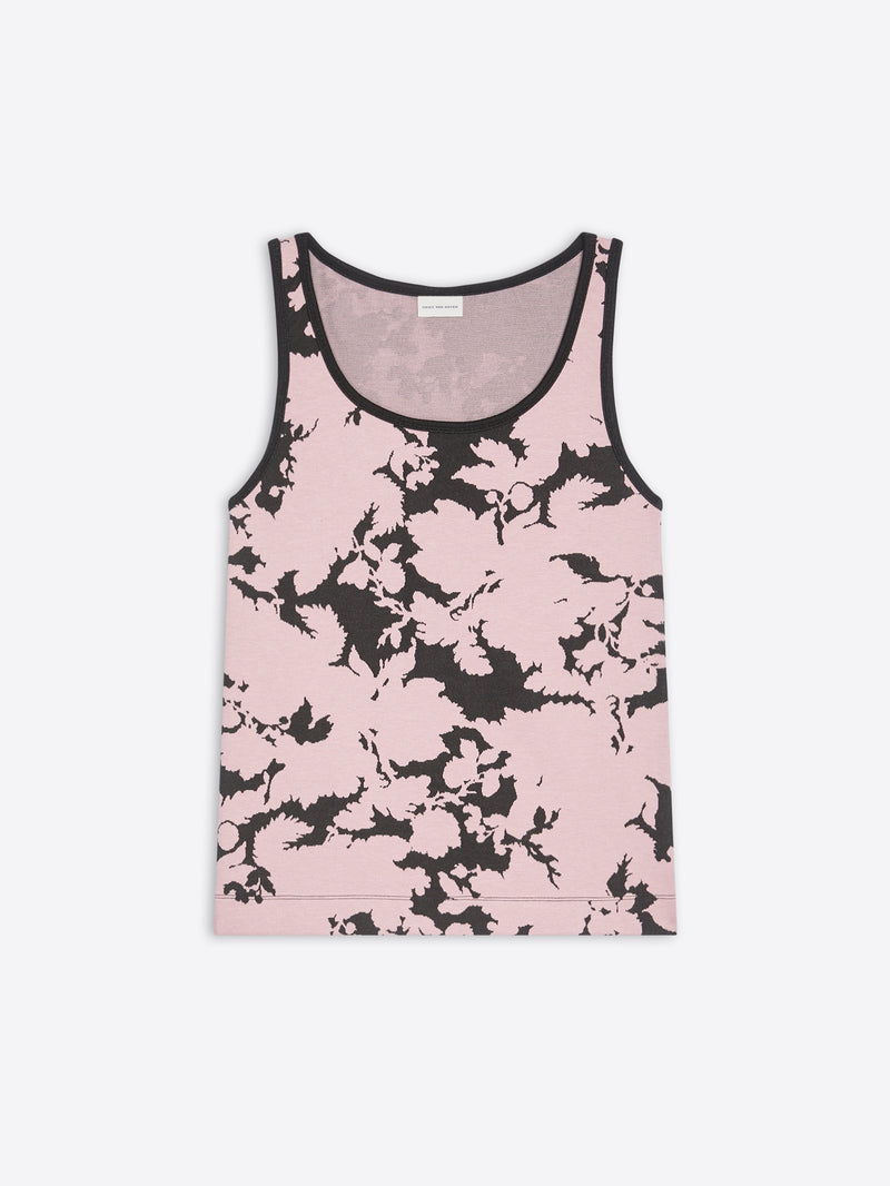 Pink tank top with black floral pattern on a white background