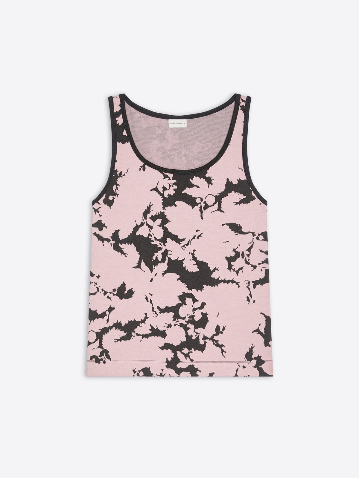 Pink tank top with black floral pattern on a white background