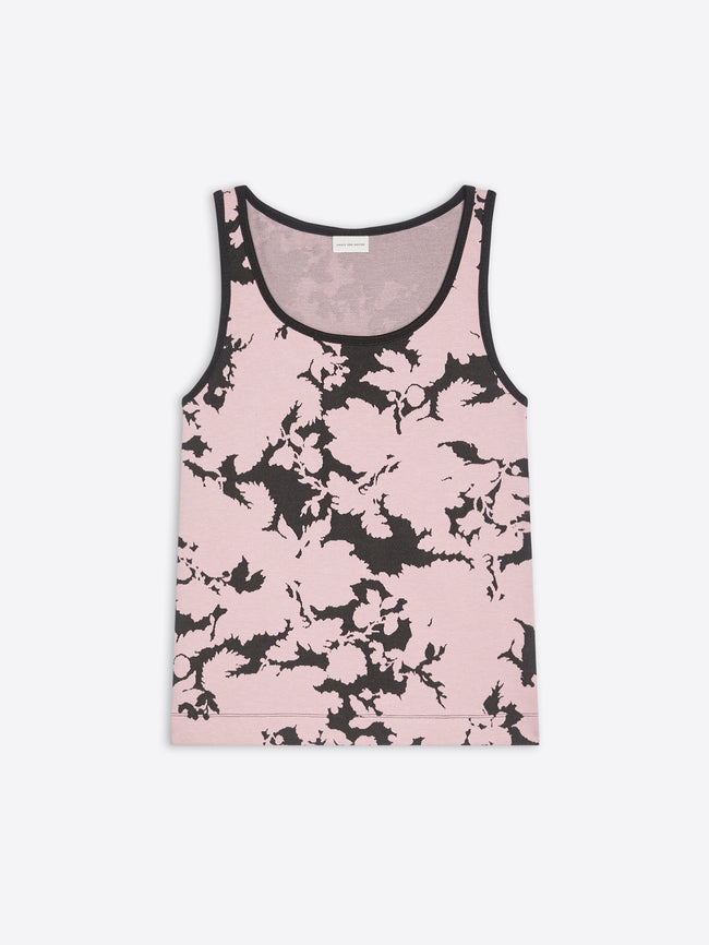 Pink tank top with black floral pattern on a white background