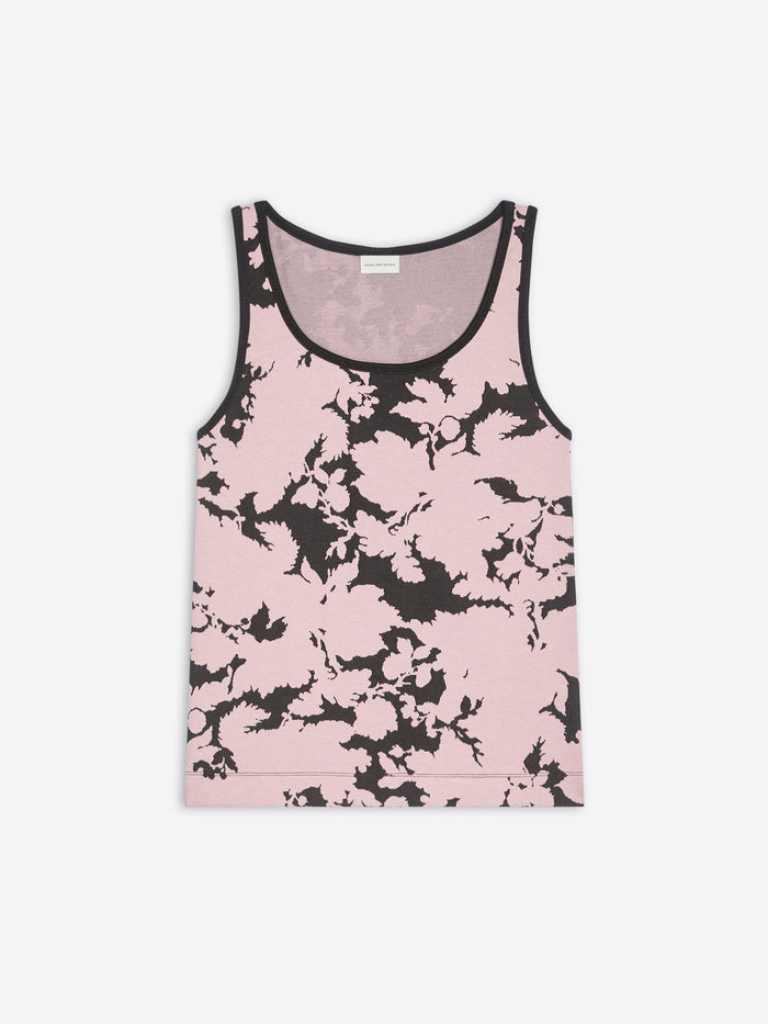 Pink tank top with black floral pattern on a white background