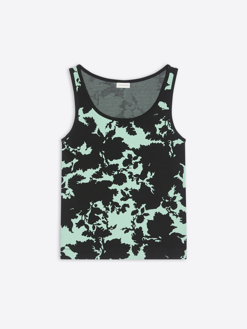 Tank top with black floral pattern on a light green background