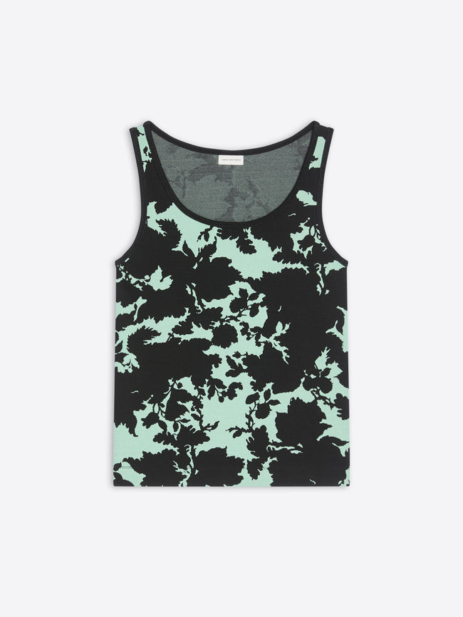 Tank top with black floral pattern on a light green background