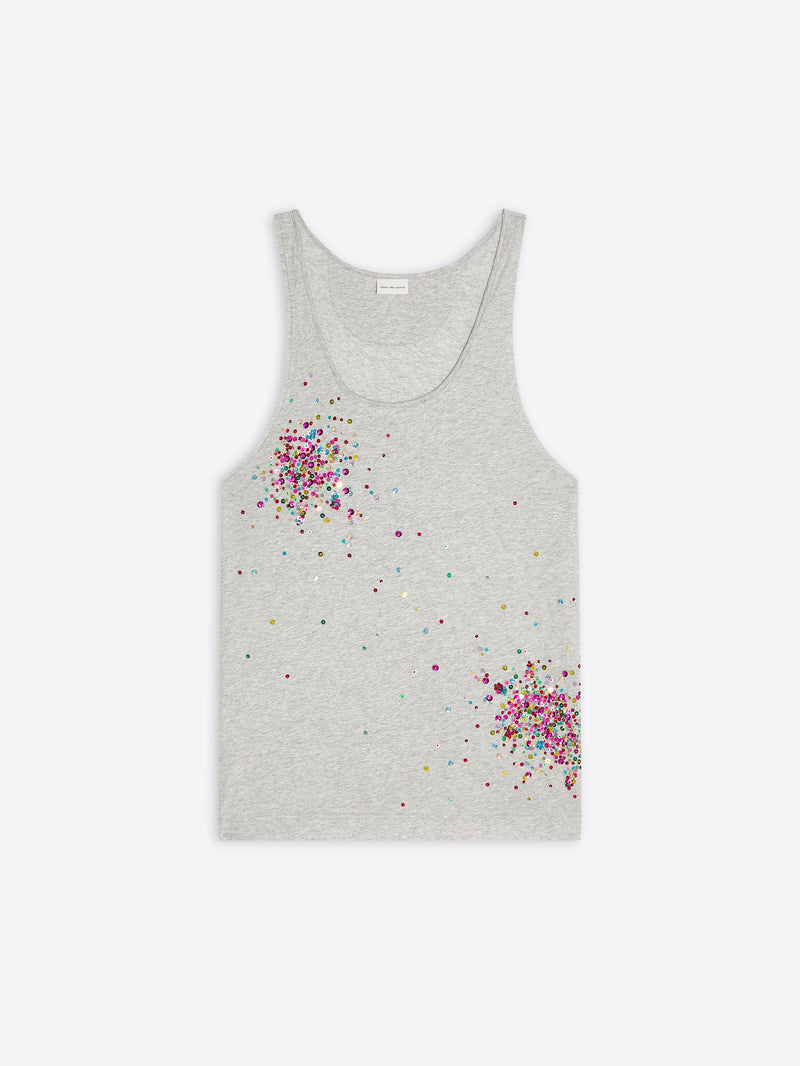 Gray tank top with colorful embellished pattern on a white background - Dries Van Noten