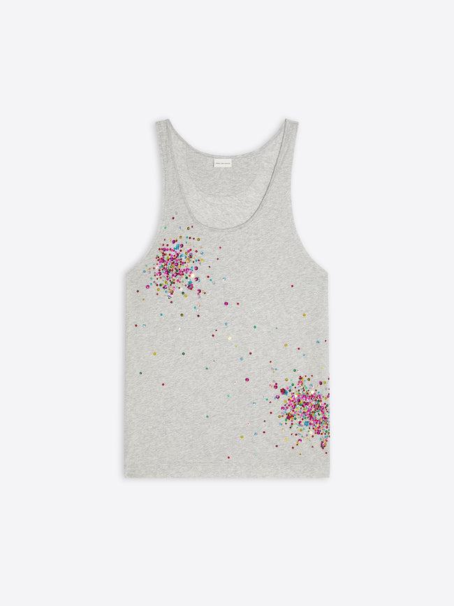 Gray tank top with colorful embellished pattern on a white background - Dries Van Noten
