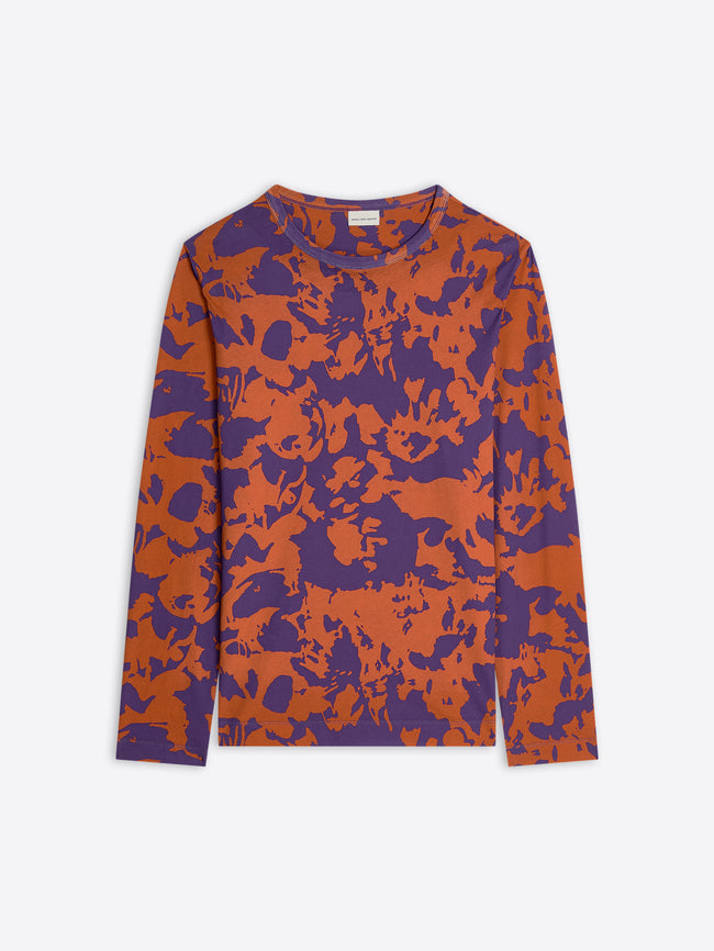 Long-sleeve shirt with purple and orange abstract pattern on a white background