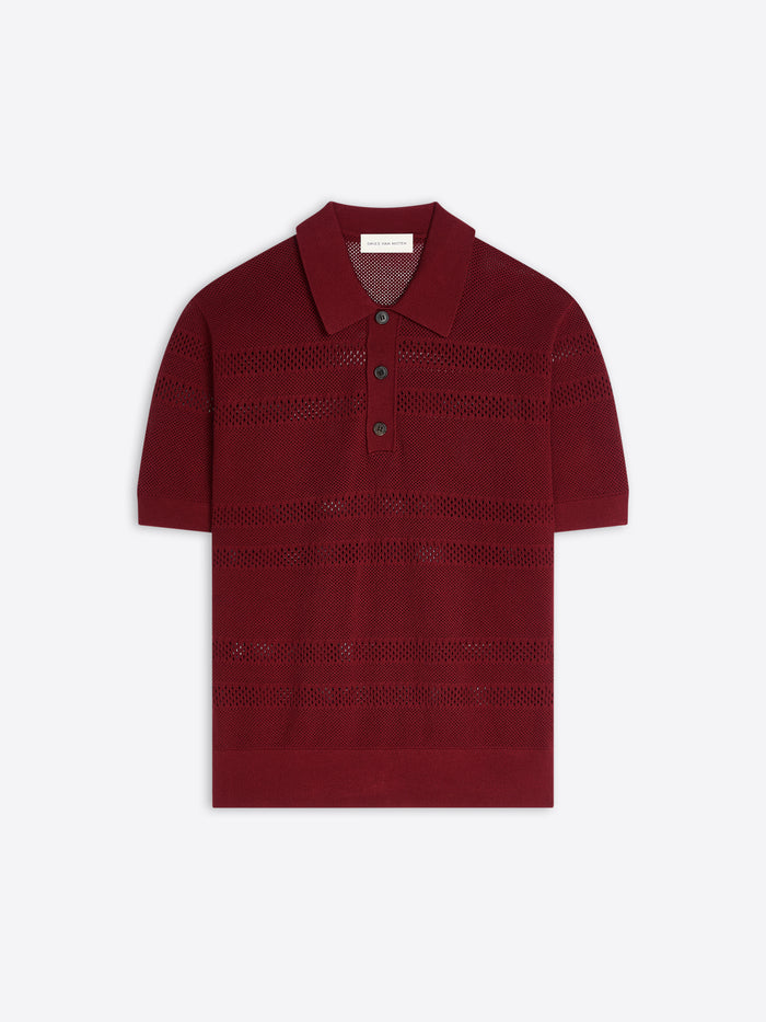 Red knitted polo shirt on a white background