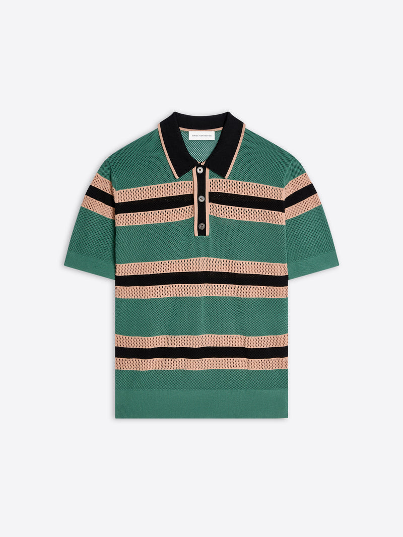 Green and beige striped polo shirt on a white background