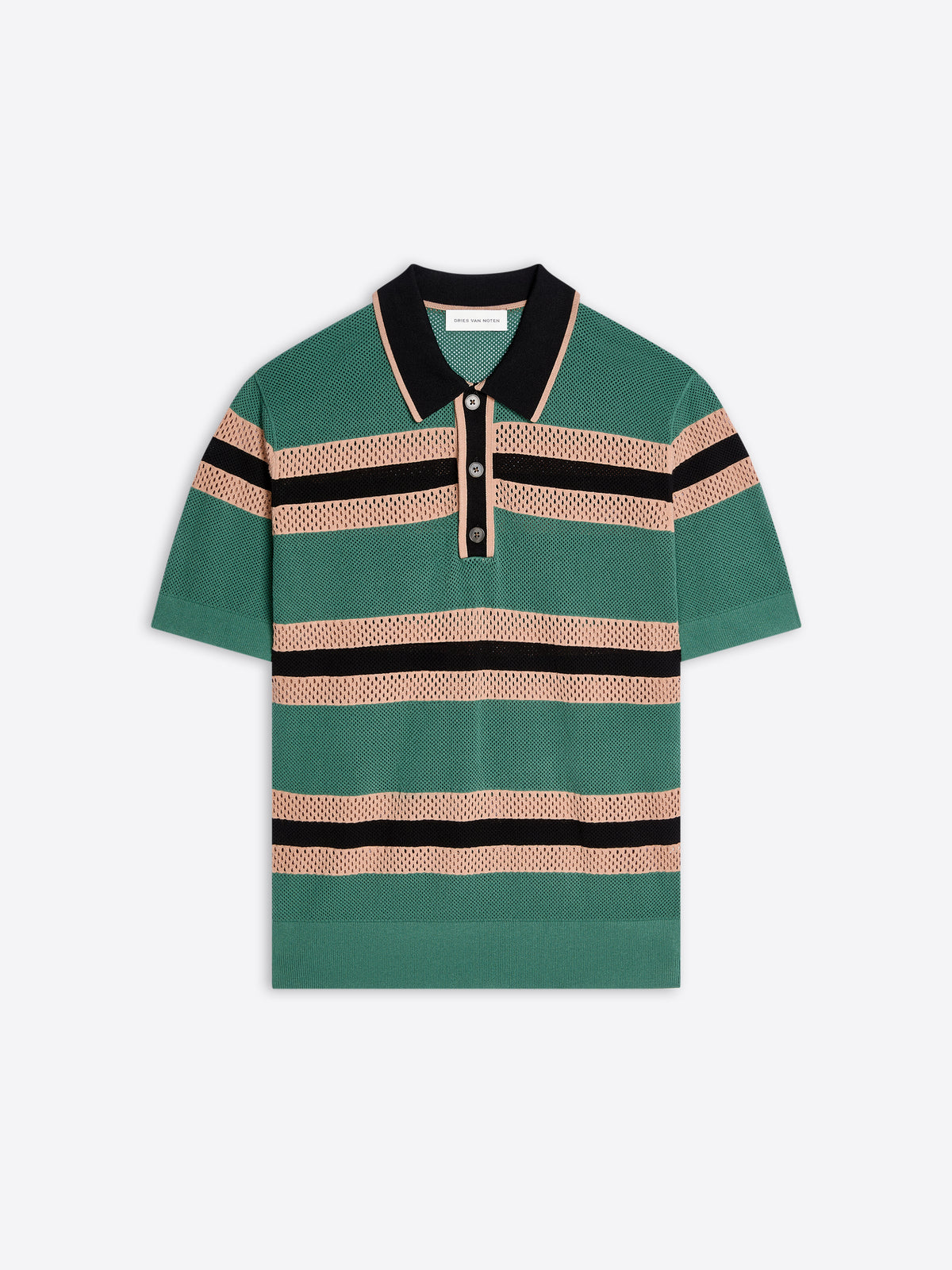 Green and beige striped polo shirt on a white background