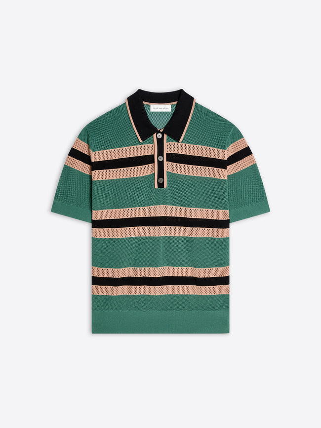 Green and beige striped polo shirt on a white background