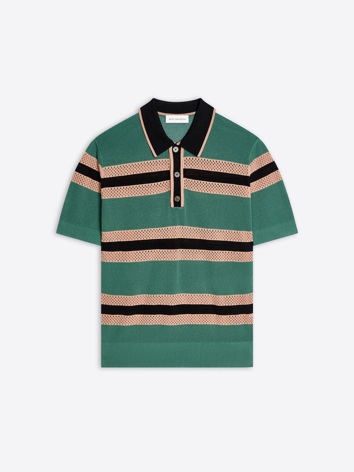 Green and beige striped polo shirt on a white background