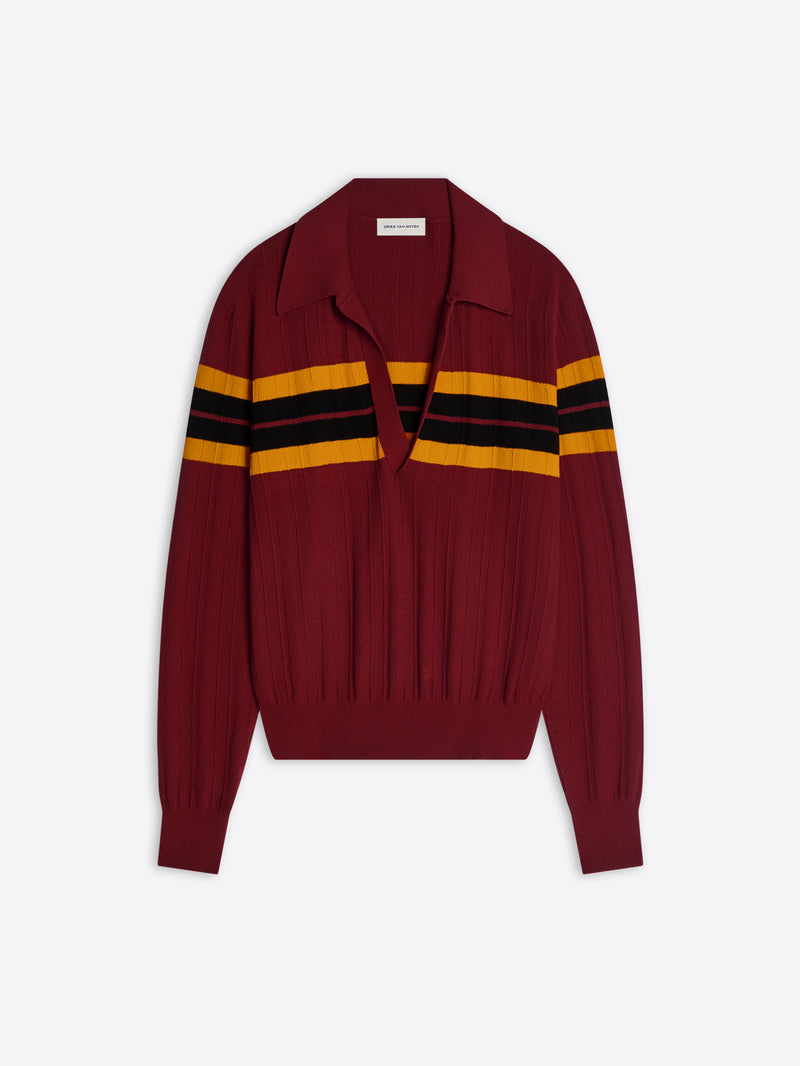 Maroon sweater with black and yellow stripes on a white background - Dries Van Noten