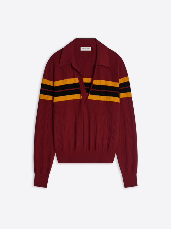 Maroon sweater with black and yellow stripes on a white background - Dries Van Noten