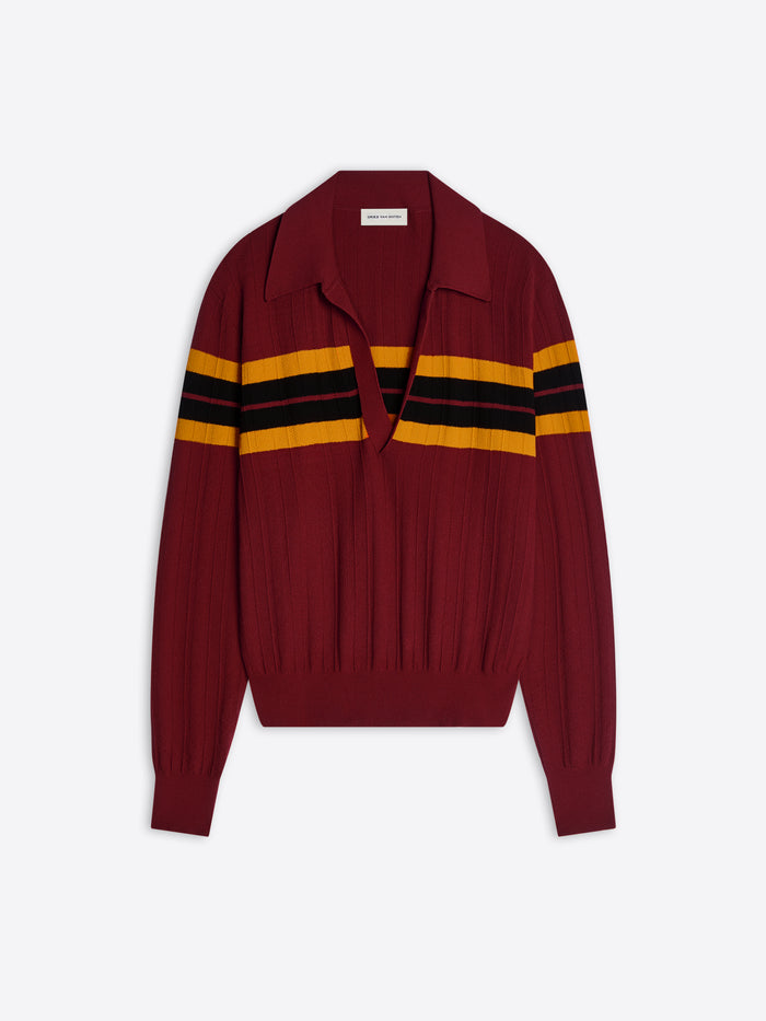 Maroon sweater with black and yellow stripes on a white background - Dries Van Noten