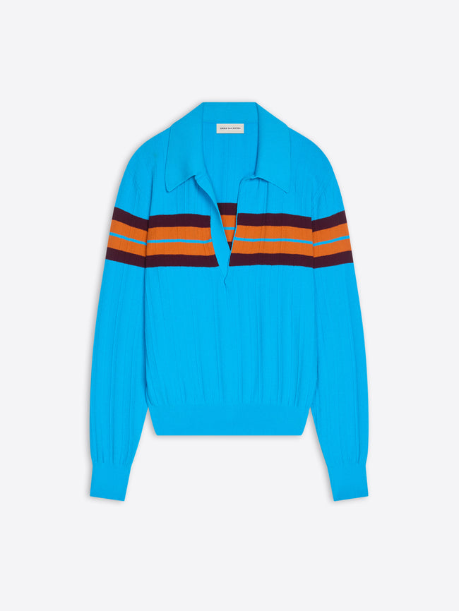 Blue cardigan with colorful stripes on a white background - Dries Van Noten