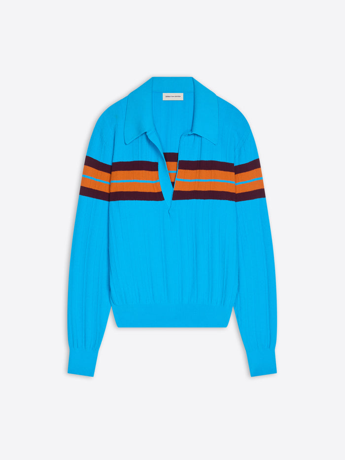 Blue cardigan with colorful stripes on a white background - Dries Van Noten