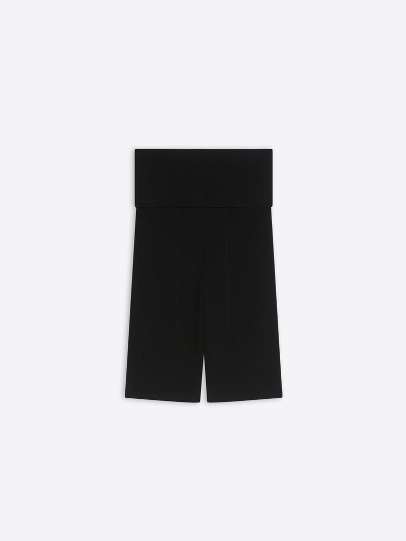 Black high-waisted shorts on a white background