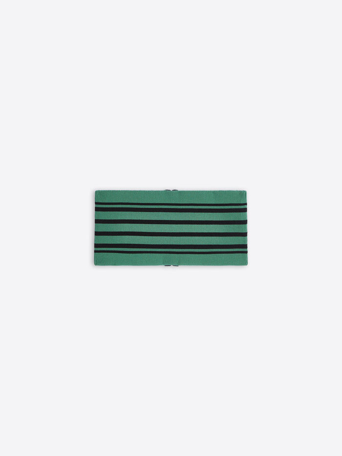 Rectangular green object with black stripes on a white background
