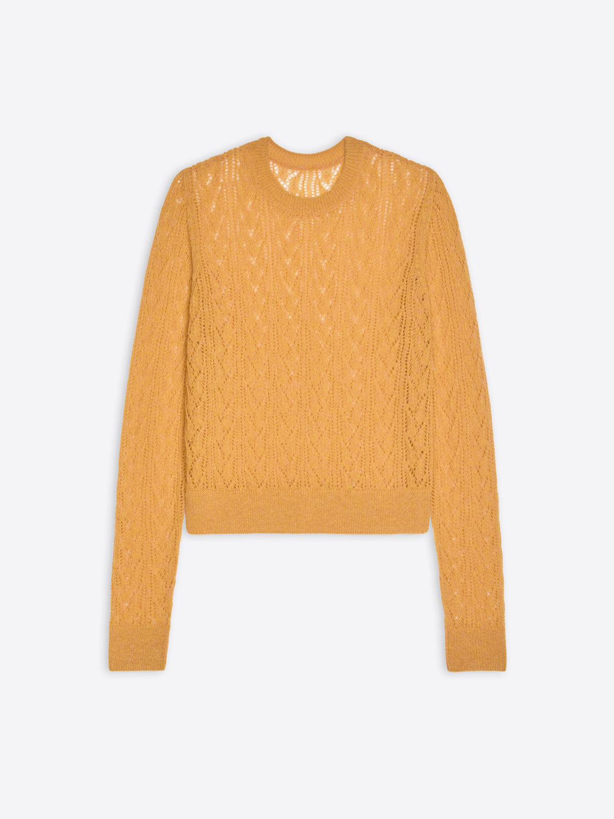 Mustard yellow cable knit sweater on a light gray background