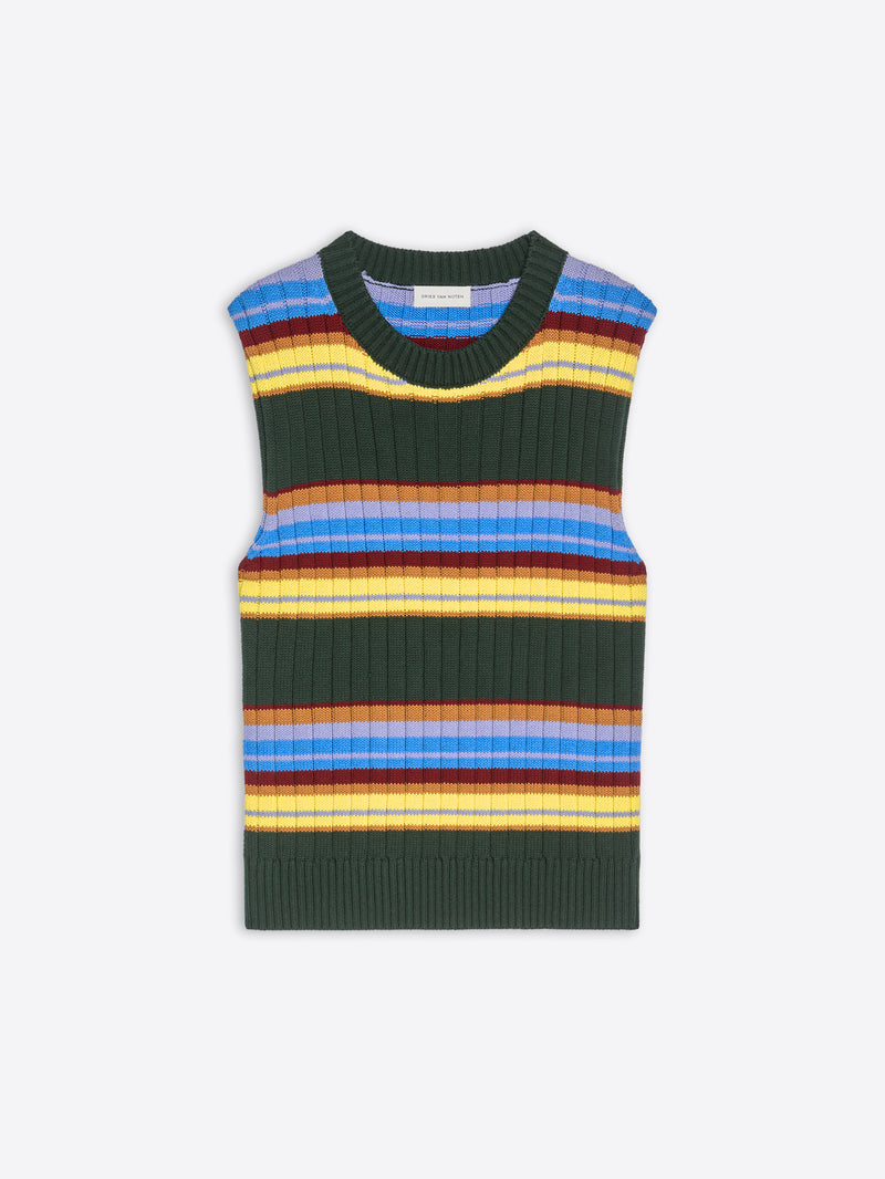 Multicolored striped sleeveless sweater on a white background