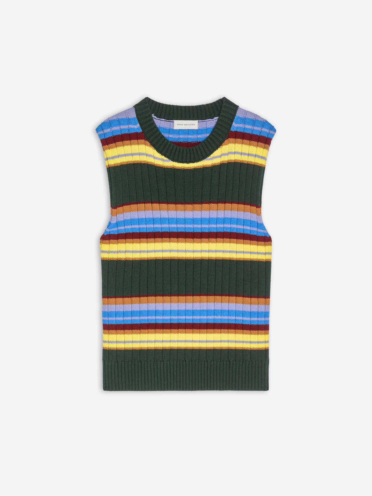Multicolored striped sleeveless sweater on a white background