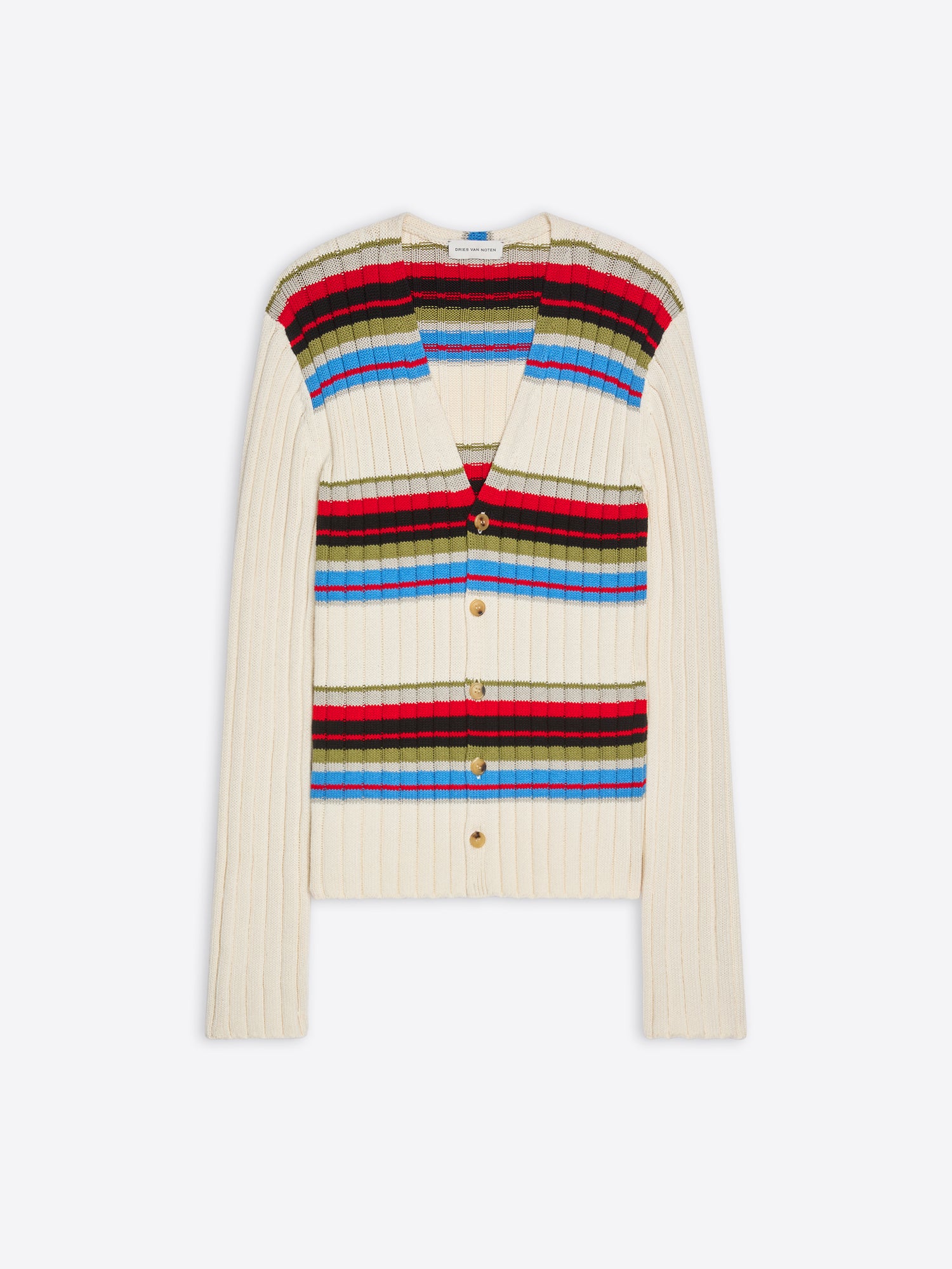 Knitted cardigan with a colorful striped pattern on a white background - Dries Van Noten