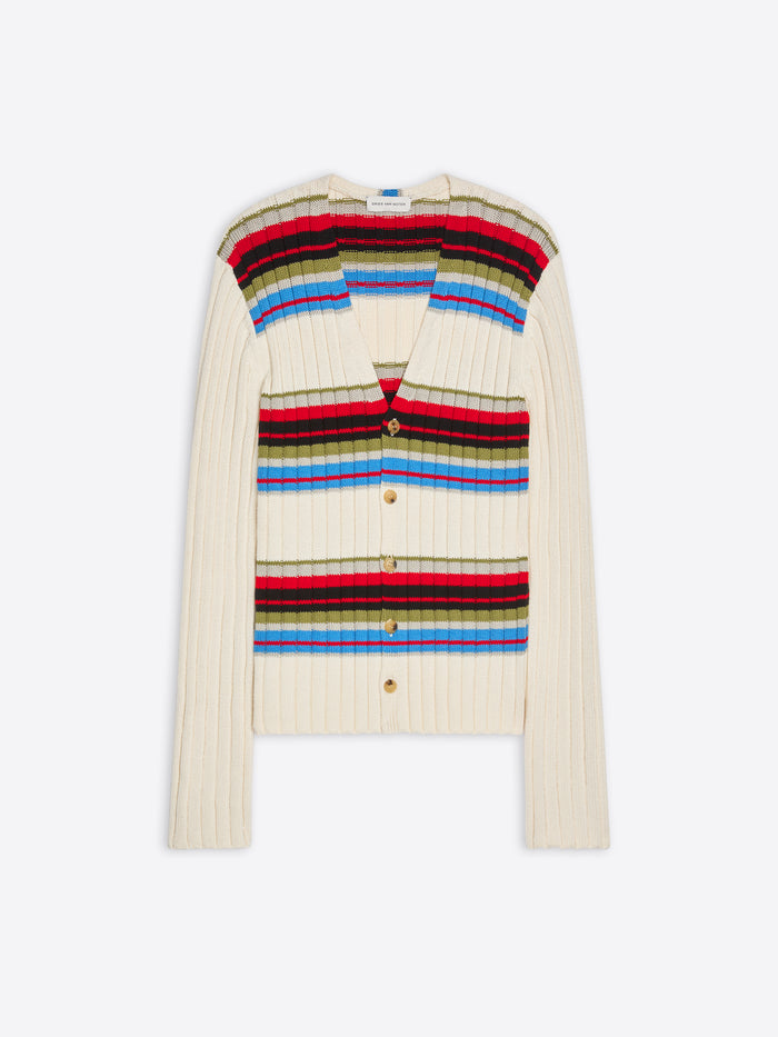 Knitted cardigan with a colorful striped pattern on a white background