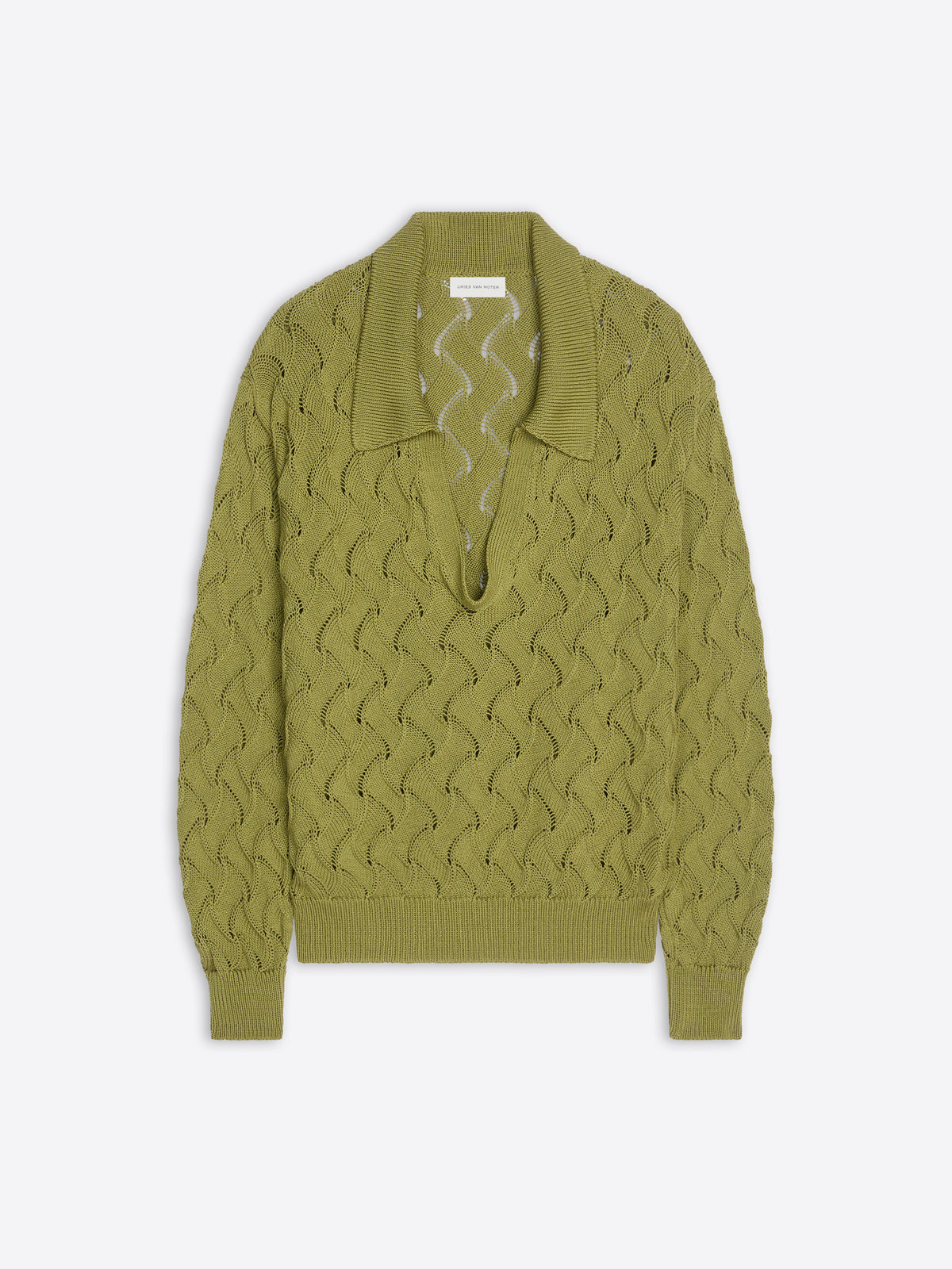Green sweater with a textured pattern on a white background