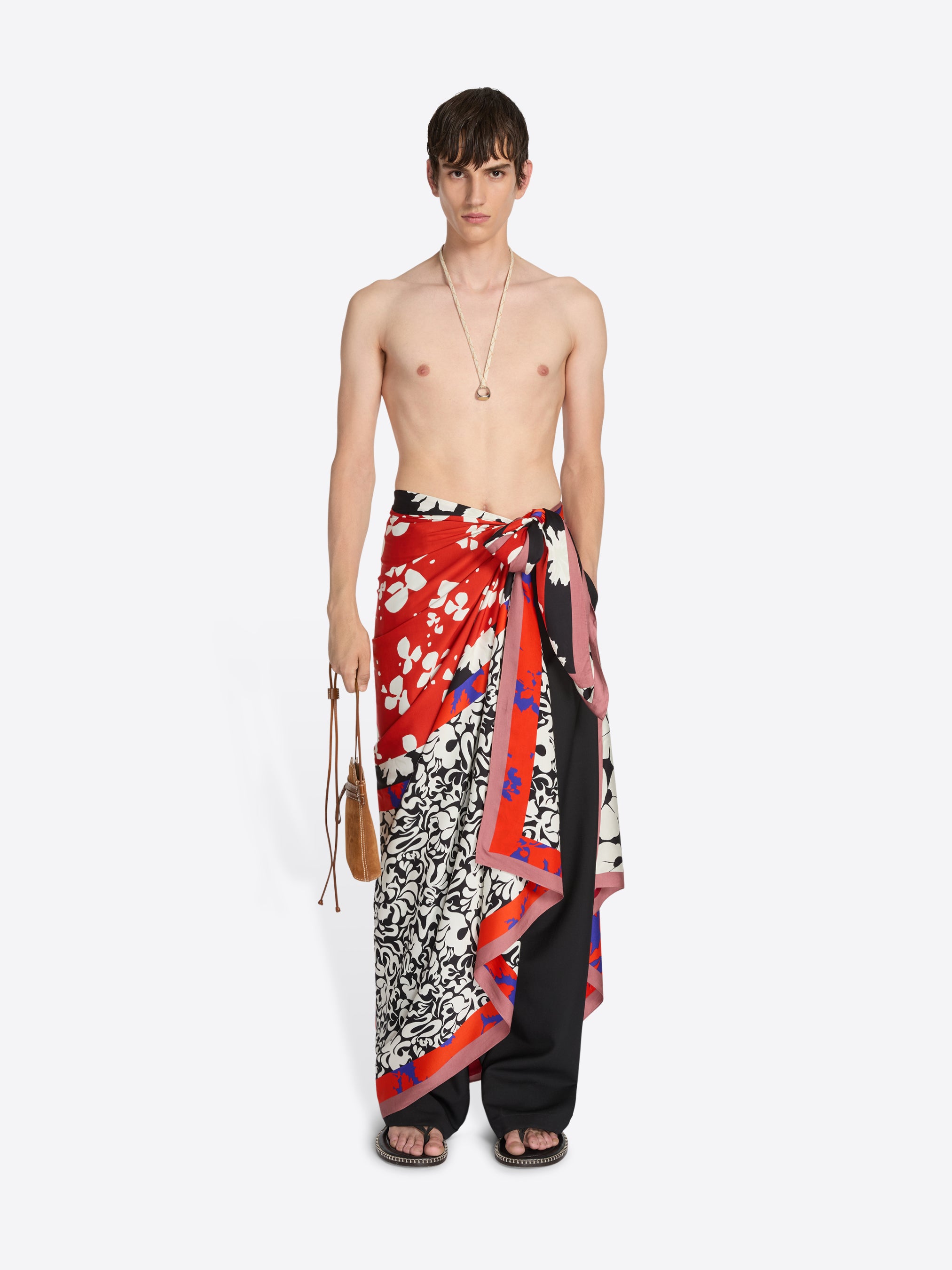 DRIES VAN NOTEN スカーフ DRIES VAN NOTEN Brown Grey Embroidered Snake Silk Satin Scarf